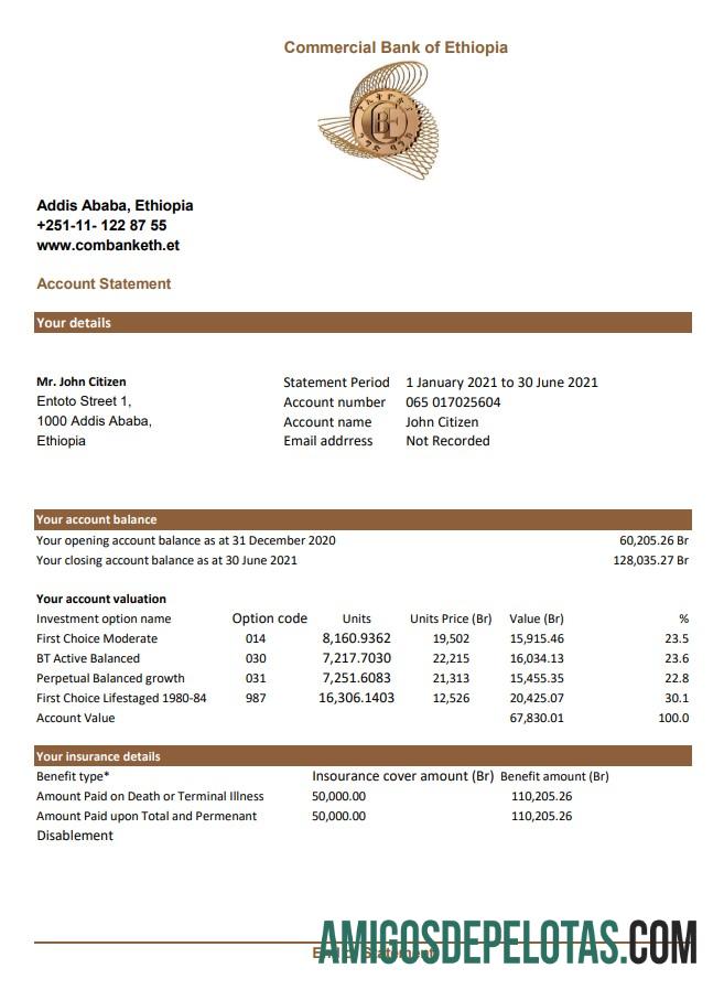 Extrato bancário comercial realista da Etiópia, modelo fácil de preencher em formato Excel e PDF